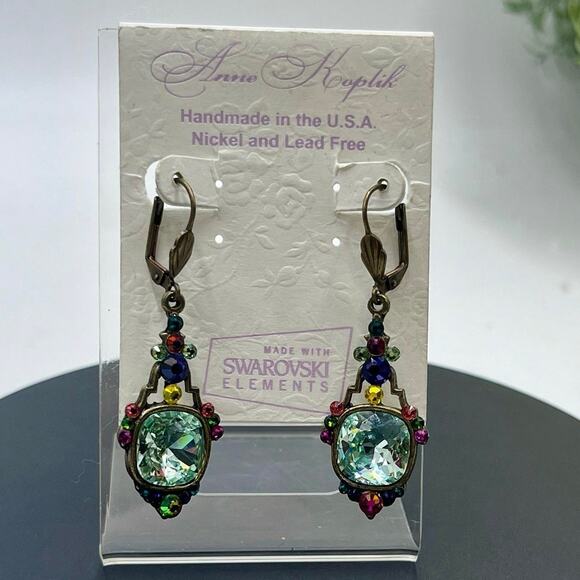 Anne Koplik Signed Cushion Cut Mint Swarovski Crystal Pierced Earrings New - Picture 1 of 15